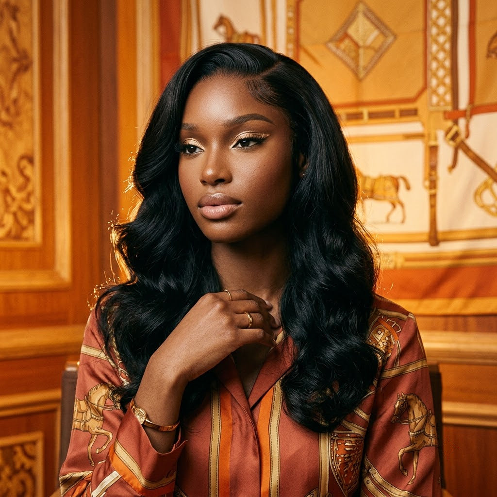 Body wave natural black glueless wig on model
