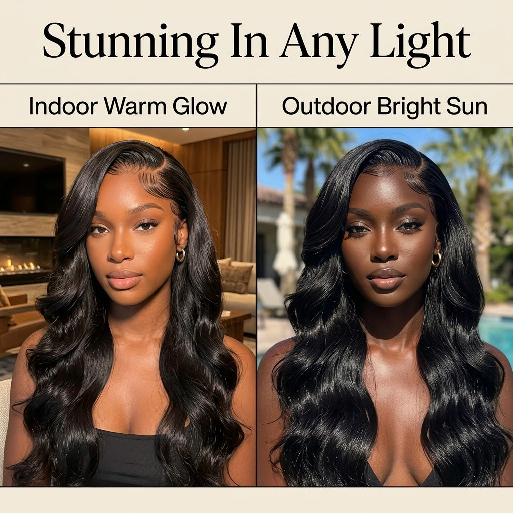 Body wave wig in different lighting