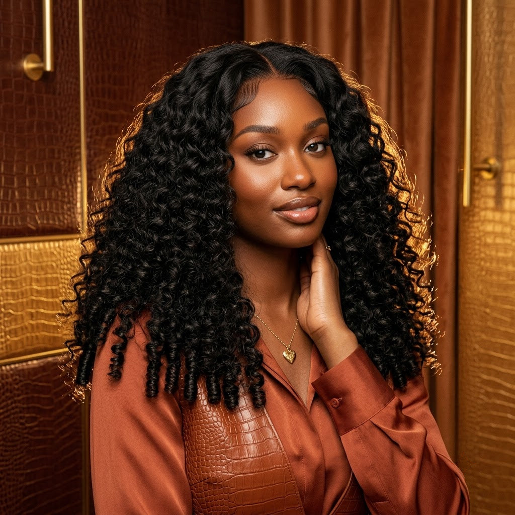 Burmese curly natural black glueless half wig on model