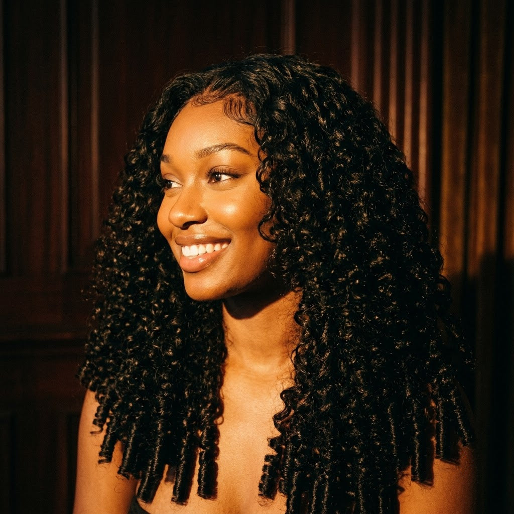 Burmese curly half wig side profile
