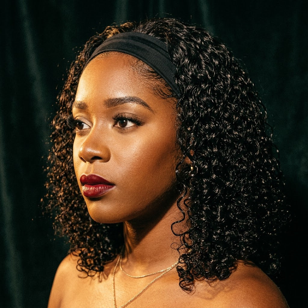 Deep wave headband wig side profile