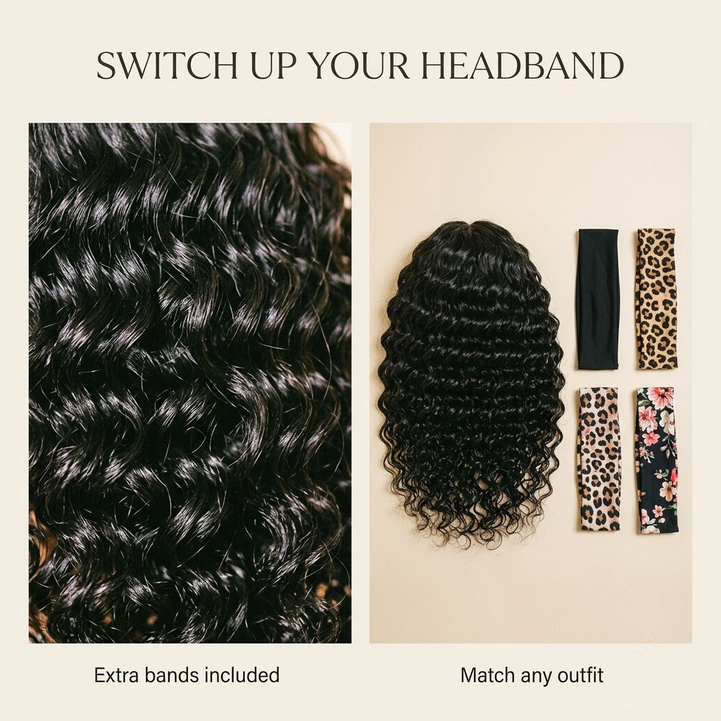 100% human hair deep wave texture headband wig