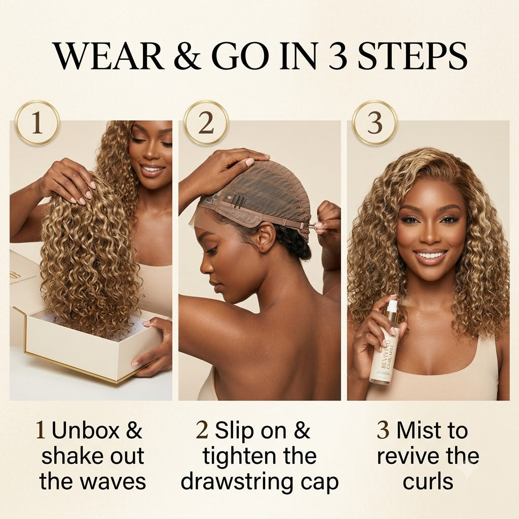 How to wear the honey blonde water wave wig in 3 steps