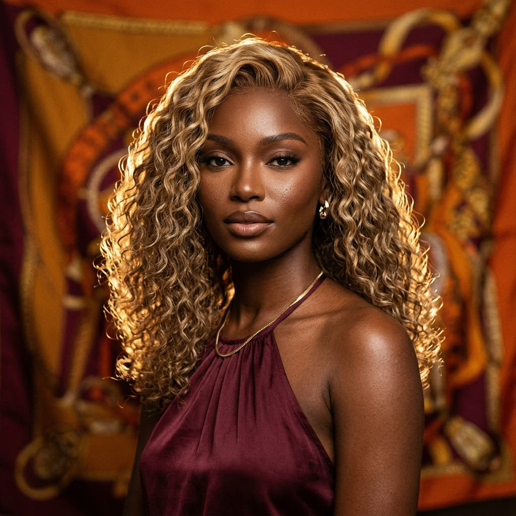 Honey blonde water wave glueless wig on model