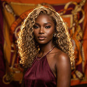Honey blonde water wave glueless wig on model