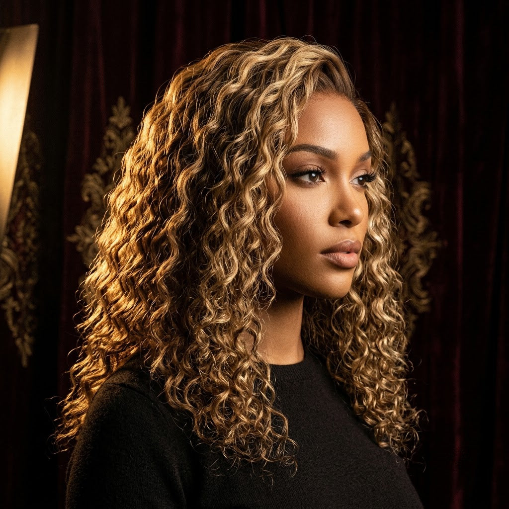 Honey blonde highlights water wave wig side profile