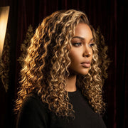 Honey blonde highlights water wave wig side profile