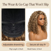 Wear and go drawstring cap honey blonde water wave wig