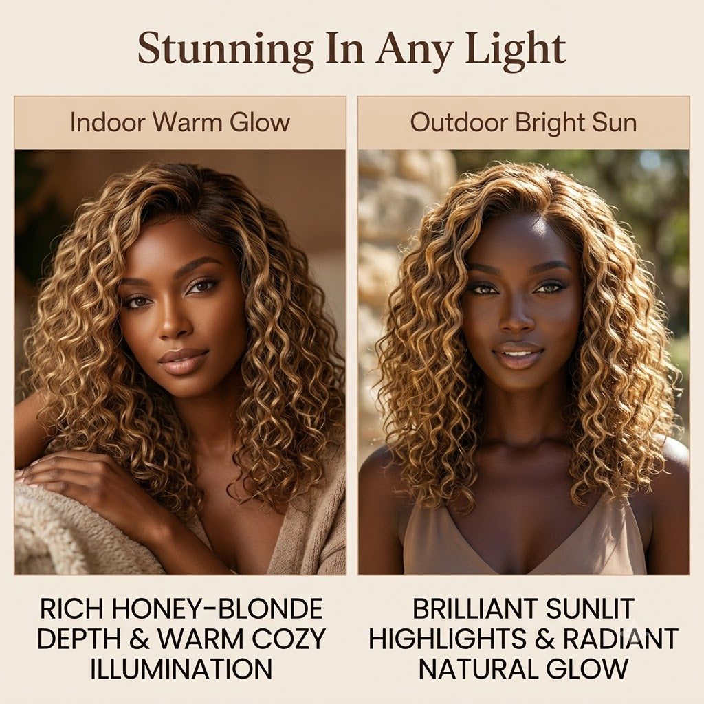Honey blonde water wave wig in different lighting