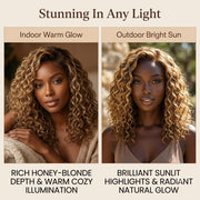Honey blonde water wave wig in different lighting