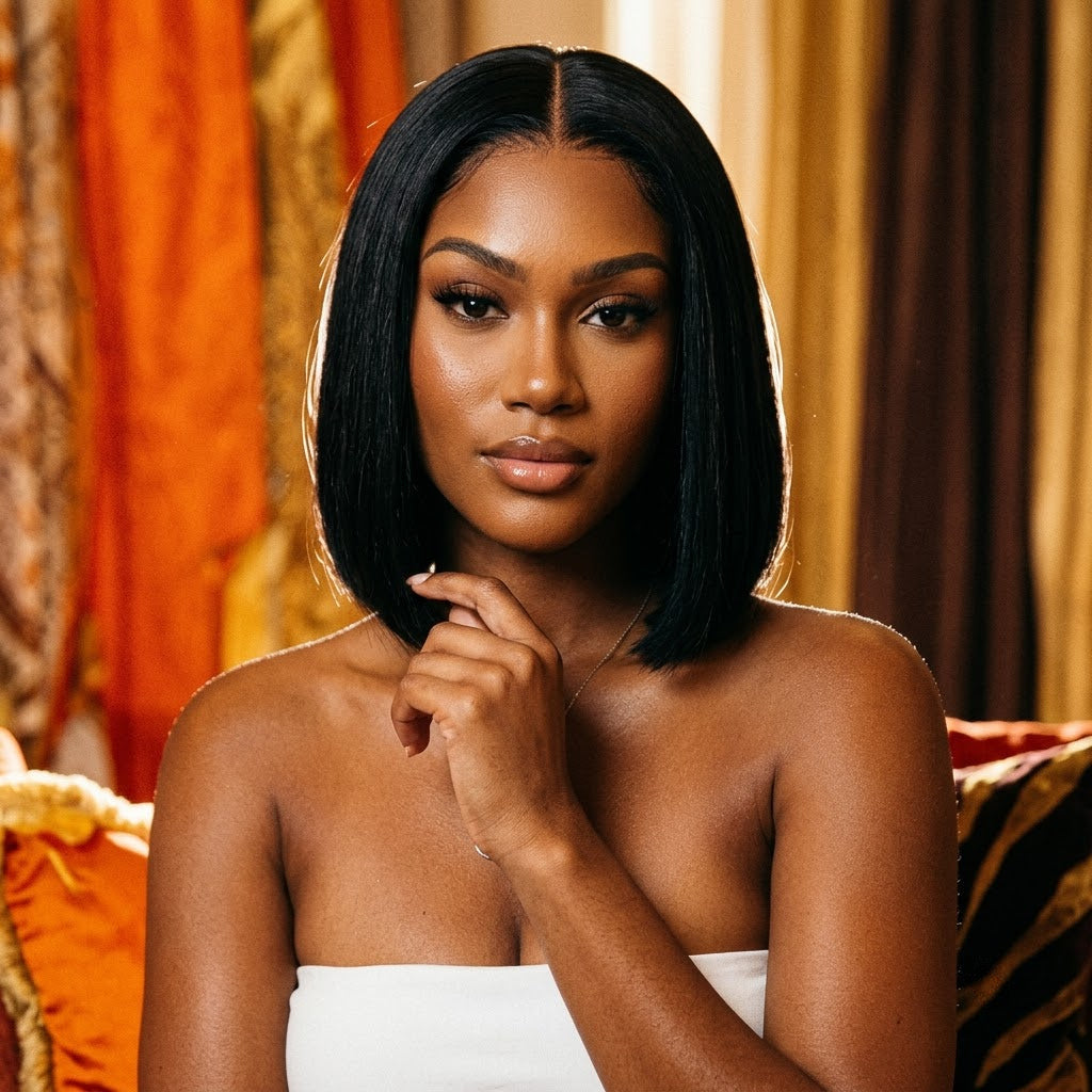 Straight natural black human hair glueless bob wig on model