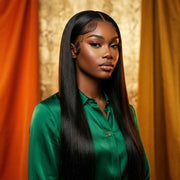 Straight natural black 12A virgin glueless wig on model
