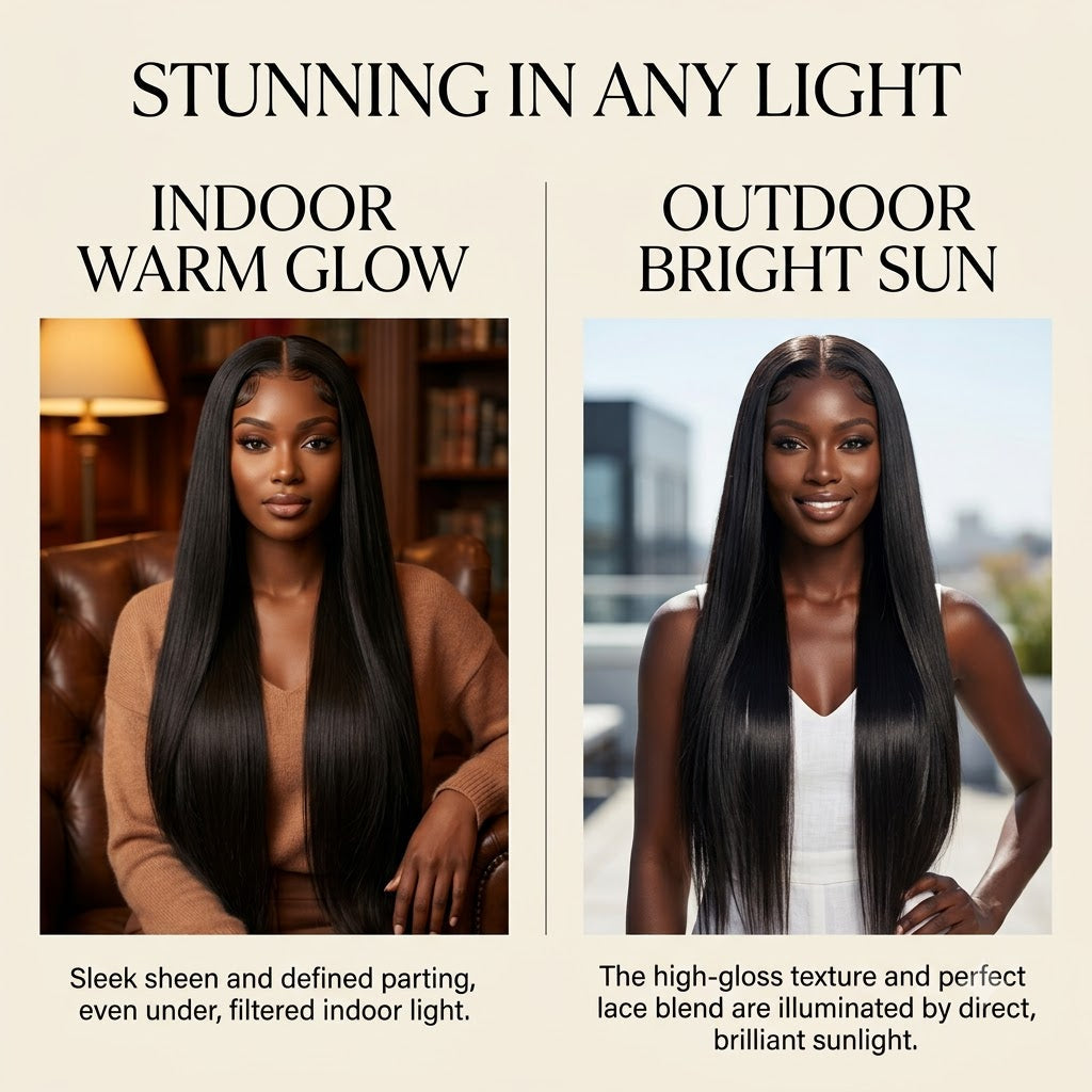 Straight wig in different lighting