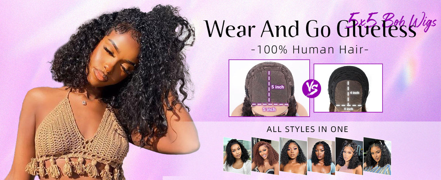 Curly Bob Wig Human Hair 5x5 Wear And Go Glueless Wigs #1004