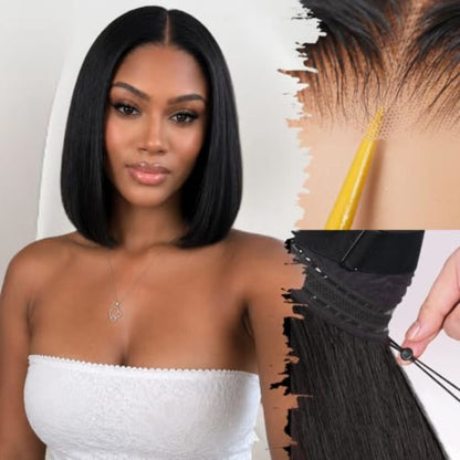6x4 HD Lace Front Glueless Wigs Human Hair Pre Plucked Pre Cut | Wear and Go Drawstring Straight Human Hair Wigs 220% Density 12 Inch Natural Black