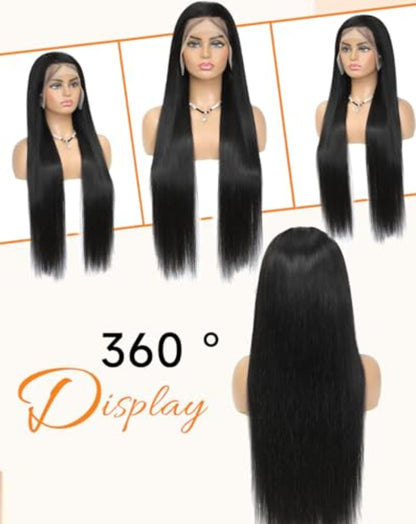 Lace Front Wigs Human Hair 32 Inch 12A Virgin Straight Human Hair Wig 200 Density Soft 13x6 Lace Front Wigs Human Hair Pre Plucked Invisilbe Hairline Glueless HD Frontal Wig Natural Black