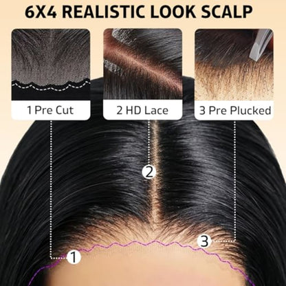 6x4 HD Lace Front Glueless Wigs Human Hair Pre Plucked Pre Cut | Wear and Go Drawstring Straight Human Hair Wigs 220% Density 12 Inch Natural Black