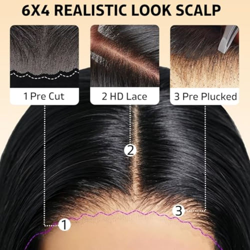 6x4 HD Lace Front Glueless Human Hair Wig 220% Density 12 Inch