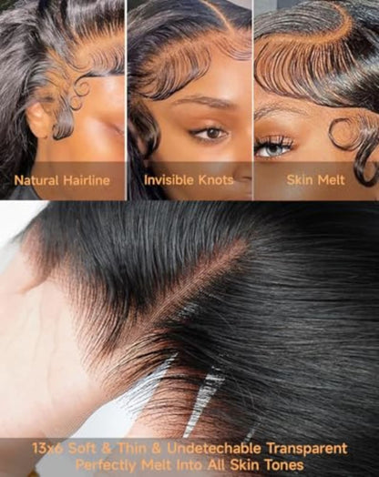 Lace Front Wigs Human Hair 32 Inch 12A Virgin Straight Human Hair Wig 200 Density Soft 13x6 Lace Front Wigs Human Hair Pre Plucked Invisilbe Hairline Glueless HD Frontal Wig Natural Black