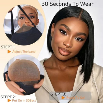 6x4 HD Lace Front Glueless Wigs Human Hair Pre Plucked Pre Cut | Wear and Go Drawstring Straight Human Hair Wigs 220% Density 12 Inch Natural Black