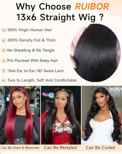 Lace Front Wigs Human Hair 32 Inch 12A Virgin Straight Human Hair Wig 200 Density Soft 13x6 Lace Front Wigs Human Hair Pre Plucked Invisilbe Hairline Glueless HD Frontal Wig Natural Black