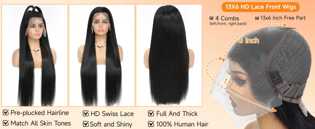 Lace Front Wigs Human Hair 32 Inch 12A Virgin Straight Human Hair Wig 200 Density Soft 13x6 Lace Front Wigs Human Hair Pre Plucked Invisilbe Hairline Glueless HD Frontal Wig Natural Black
